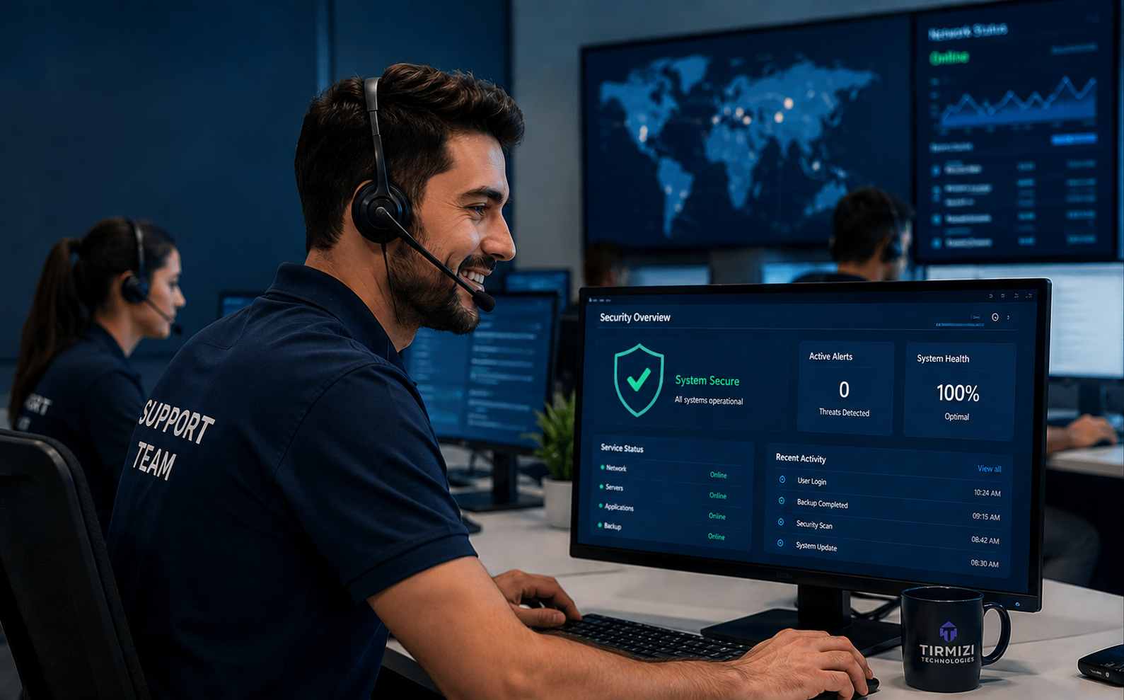 Tirmizi Technologies IT support team monitoring secure systems and providing reliable technical support