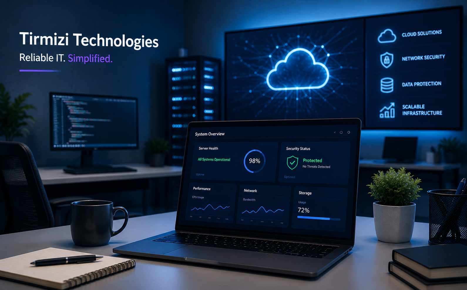 Modern technology workspace showcasing cloud, security, and scalable IT solutions at Tirmizi Technologies
